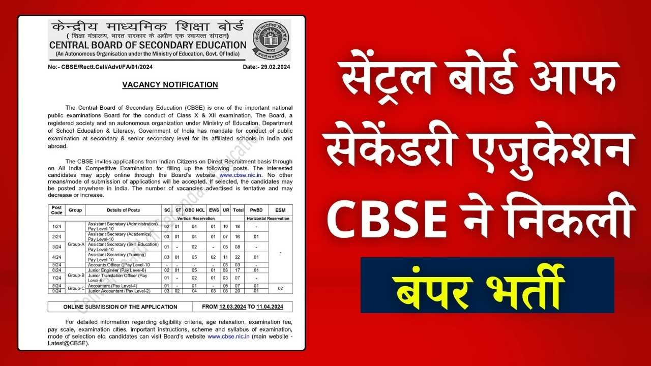 Job Vacancy: सेंट्रल बोर्ड आफ सेकेंडरी एजुकेशन सीबीएसई ने निकली बंपर भर्ती, जारी हुआ जॉब नोटिफिकेशन Job Vacancy: सेंट्रल बोर्ड आफ सेकेंडरी एजुकेशन सीबीएसई ने निकली बंपर भर्ती, जारी हुआ जॉब नोटिफिकेशन