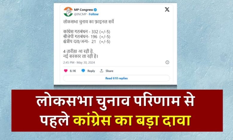 MP Lok Sabha Election Result: लोकसभा चुनाव परिणाम से पहले कांग्रेस का बड़ा दावा, देश मे I.N.D.I.A गठबंधन को मिल रही 332 सीटें