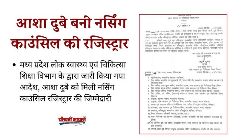 MP News: आशा दुबे को बनाया गया नर्सिंग काउंसिल का रजिस्ट्रार, मध्य प्रदेश लोक स्वास्थ्य एवं चिकित्सा शिक्षा विभाग ने जारी किया आदेश